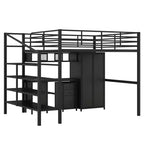 Bellemave Lit mezzanine entièrement métallique avec bureau, armoire et échelle de rangement, cadre de lit moderne et peu encombrant avec barrières de sécurité et lattes, pas de sommier tapissier, noir
