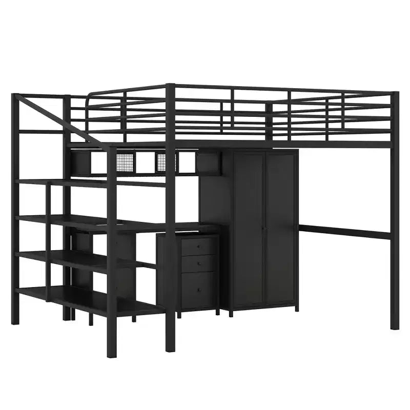 Bellemave Lit mezzanine entièrement métallique avec bureau, armoire et échelle de rangement, cadre de lit moderne et peu encombrant avec barrières de sécurité et lattes, pas de sommier tapissier, noir