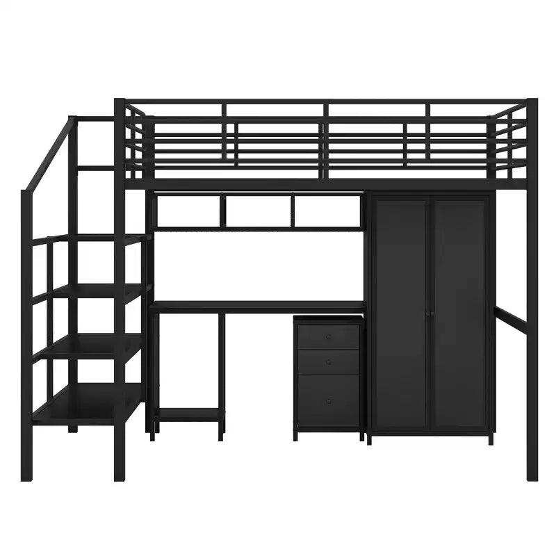 Bellemave Lit mezzanine entièrement métallique avec bureau, armoire et échelle de rangement, cadre de lit moderne et peu encombrant avec barrières de sécurité et lattes, pas de sommier tapissier, noir