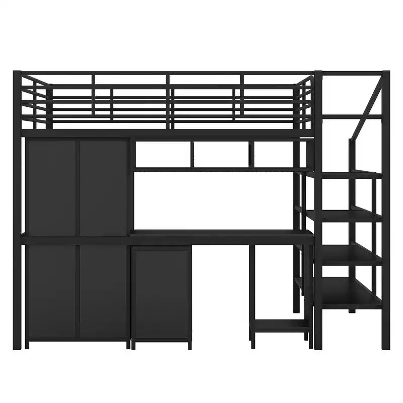 Bellemave Lit mezzanine entièrement métallique avec bureau, armoire et échelle de rangement, cadre de lit moderne et peu encombrant avec barrières de sécurité et lattes, pas de sommier tapissier, noir