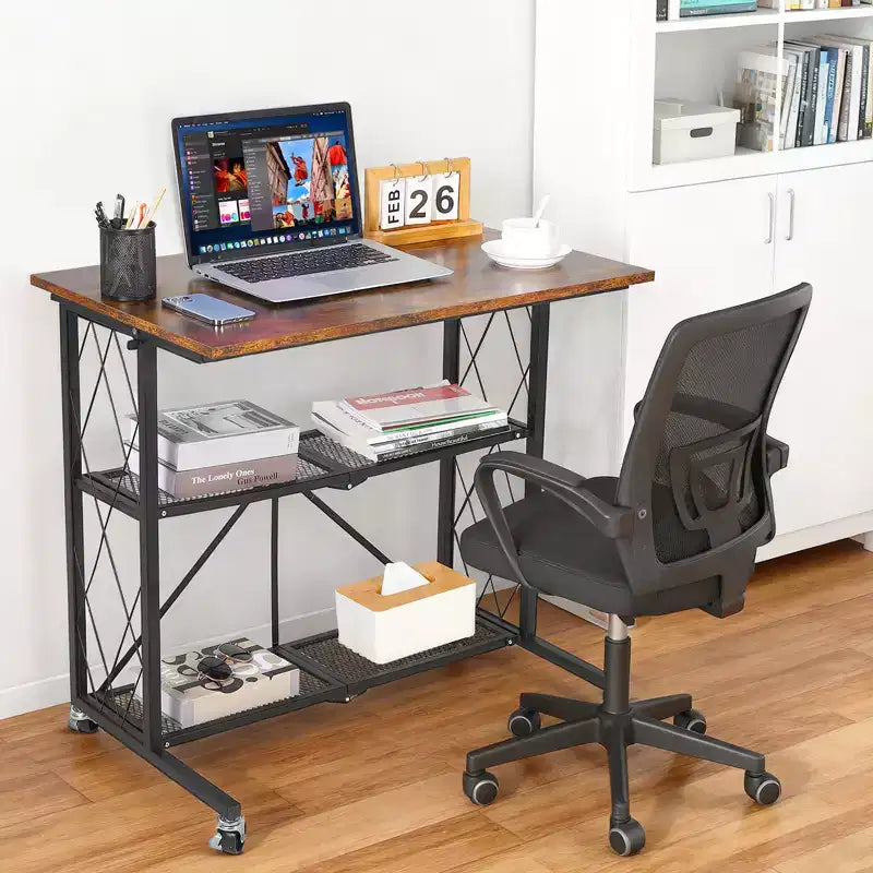 Bureau roulant pliable de 80 cm avec roulettes, Chariot de rangement à 3 niveaux en fil métallique sans assemblage, Table d'ordinateur portable avec roulettes verrouillables pour Cuisine Salo