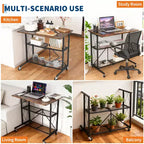 Bureau roulant pliable de 80 cm avec roulettes, Chariot de rangement à 3 niveaux en fil métallique sans assemblage, Table d'ordinateur portable avec roulettes verrouillables pour Cuisine Salo