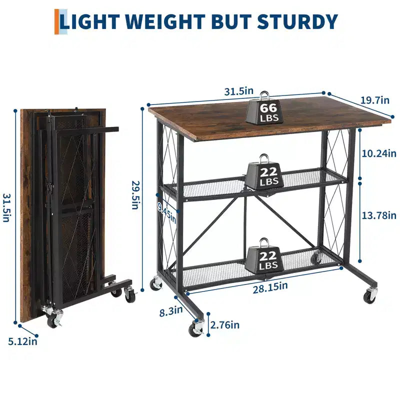 Bureau roulant pliable de 80 cm avec roulettes, Chariot de rangement à 3 niveaux en fil métallique sans assemblage, Table d'ordinateur portable avec roulettes verrouillables pour Cuisine Salo