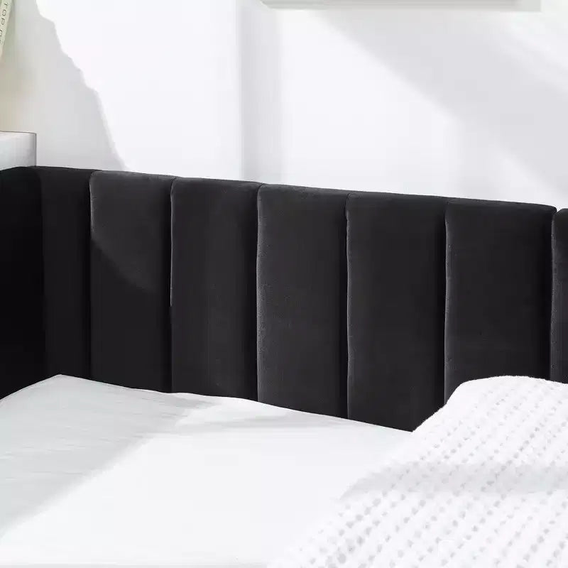 Cadre de lit de repos rembourré pleine grandeur avec dossier et accoudoirs, lit d'angle moderne en forme de L pour chambre à coucher et salon