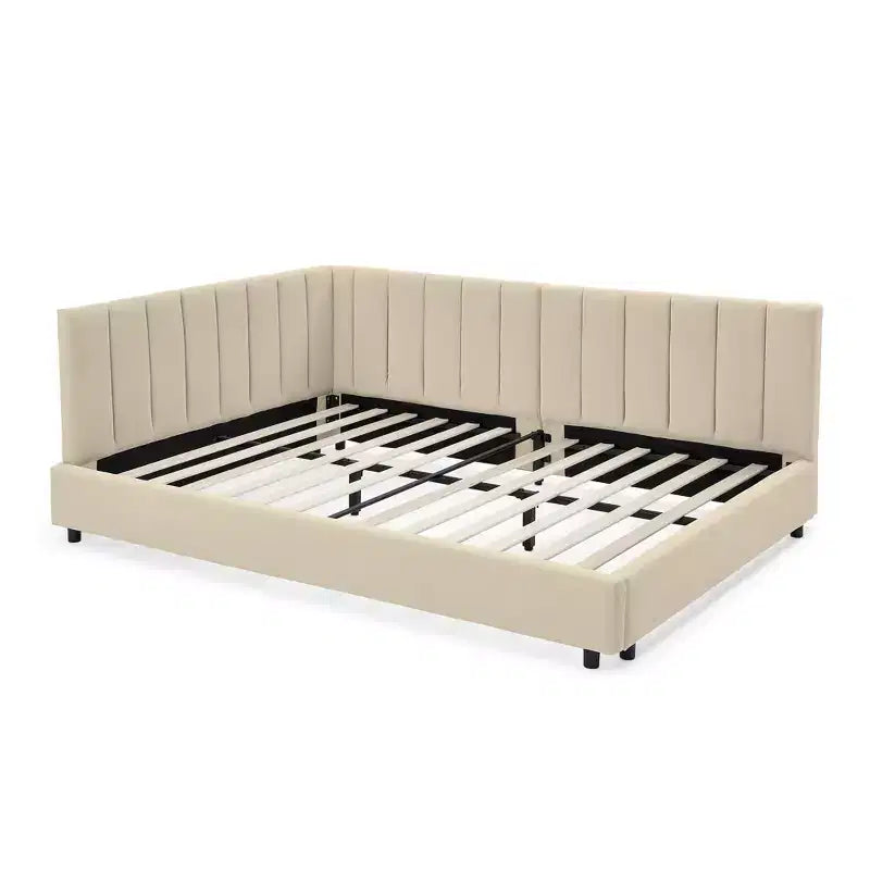 Cadre de lit de repos rembourré pleine grandeur avec dossier et accoudoirs, lit d'angle moderne en forme de L pour chambre à coucher et salon
