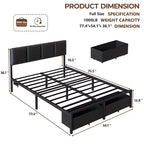 Cadre de lit plateforme rembourré Qwatto pleine grandeur, lumières LED, station de recharge, port USB, 2 tiroirs de rangement, pas besoin de sommier, similicuir, métal noir