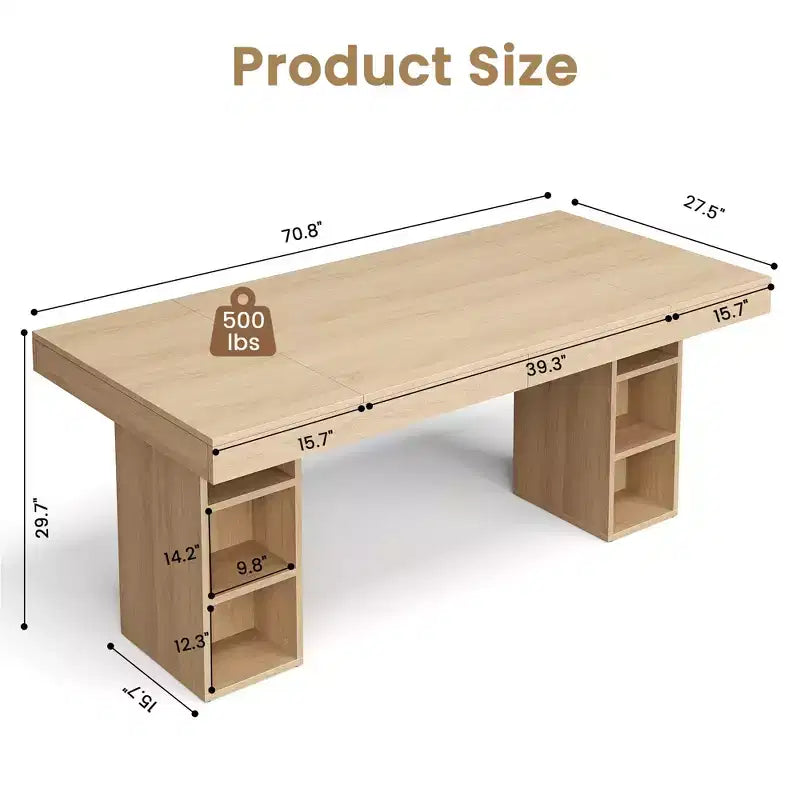 Table de salle à manger rectangulaire en bois à double piédestal pour 6 personnes, table de cuisine spacieuse avec rangement double face, table de salle à manger robuste pour la maison ou le bureau