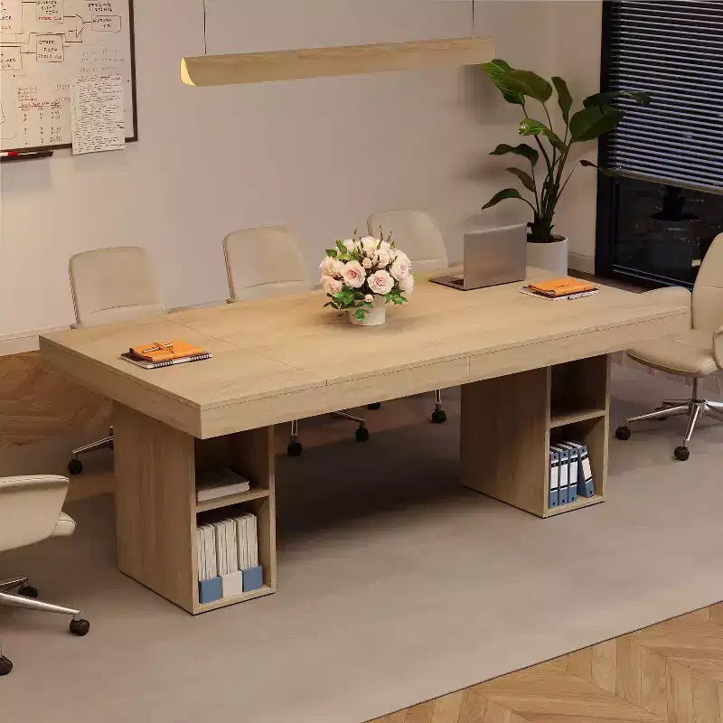 Table de salle à manger rectangulaire en bois à double piédestal pour 6 personnes, table de cuisine spacieuse avec rangement double face, table de salle à manger robuste pour la maison ou le bureau