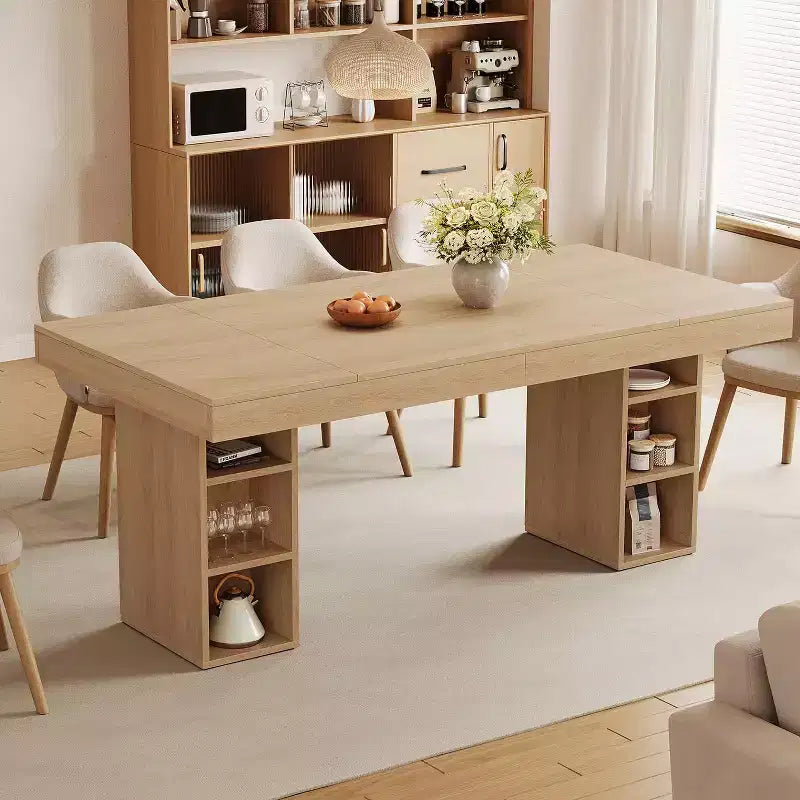 Table de salle à manger rectangulaire en bois à double piédestal pour 6 personnes, table de cuisine spacieuse avec rangement double face, table de salle à manger robuste pour la maison ou le bureau