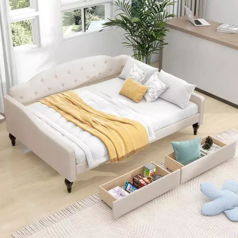 FAMYYT Full Size Upholstered Tufted Daybed with Two Drawers, Easy Assembly