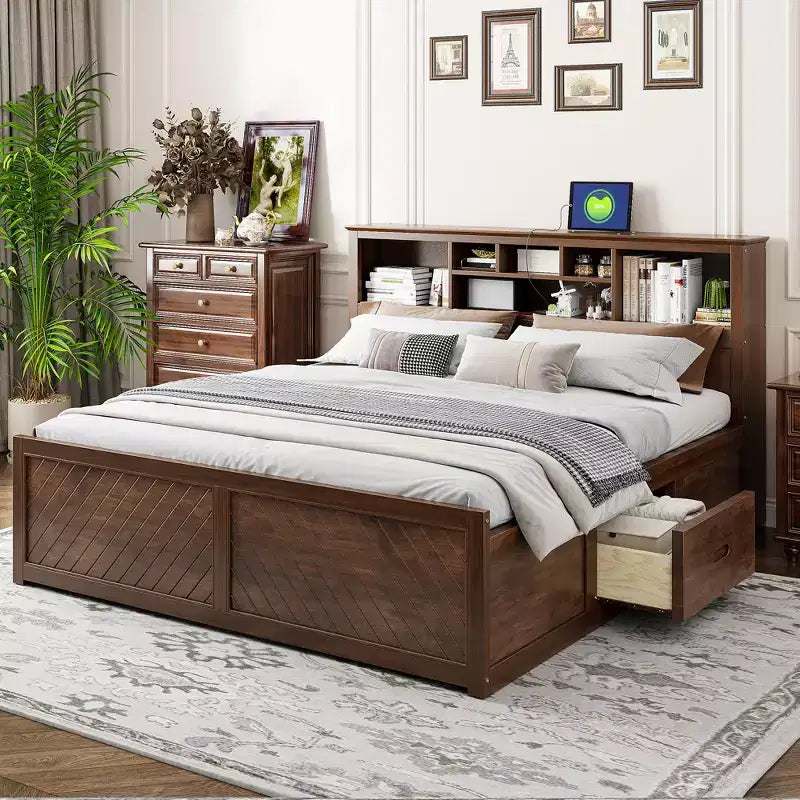 FAMYYT Lit plateforme en bois king size avec tête de lit multi-rangements, USB et tiroirs, montage facile
