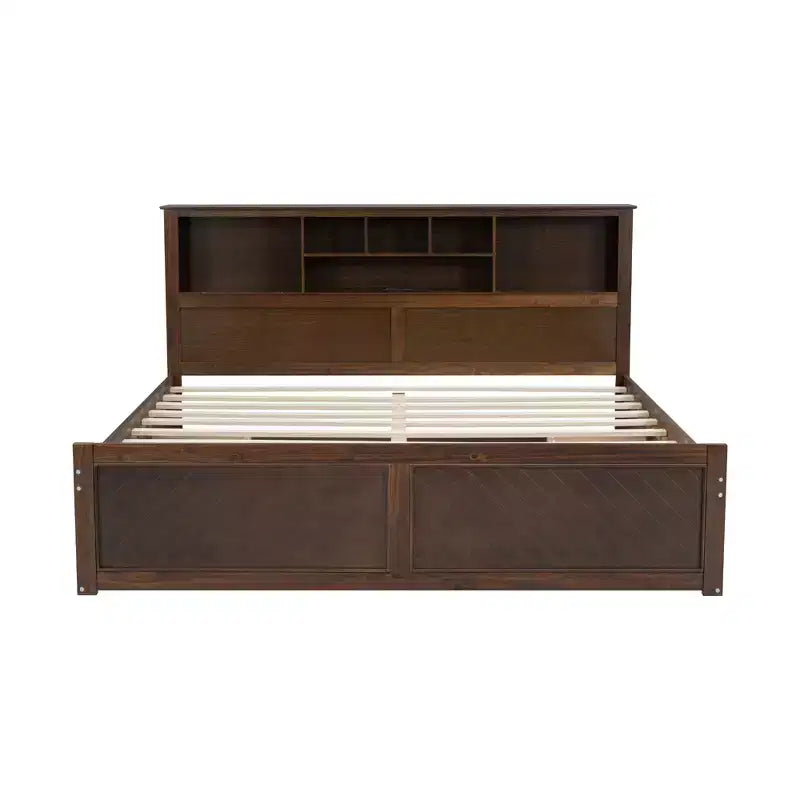 FAMYYT Lit plateforme en bois king size avec tête de lit multi-rangements, USB et tiroirs, montage facile
