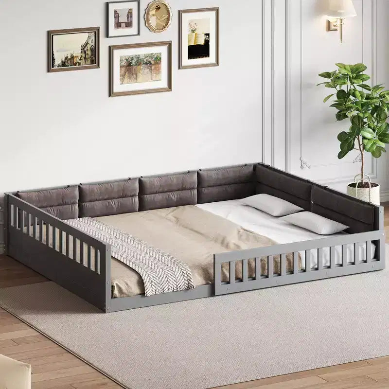 Lit plateforme en bois FAMYYT taille double, avec garde-corps, oreiller, montage facile