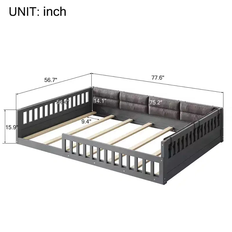 Lit plateforme en bois FAMYYT taille double, avec garde-corps, oreiller, montage facile