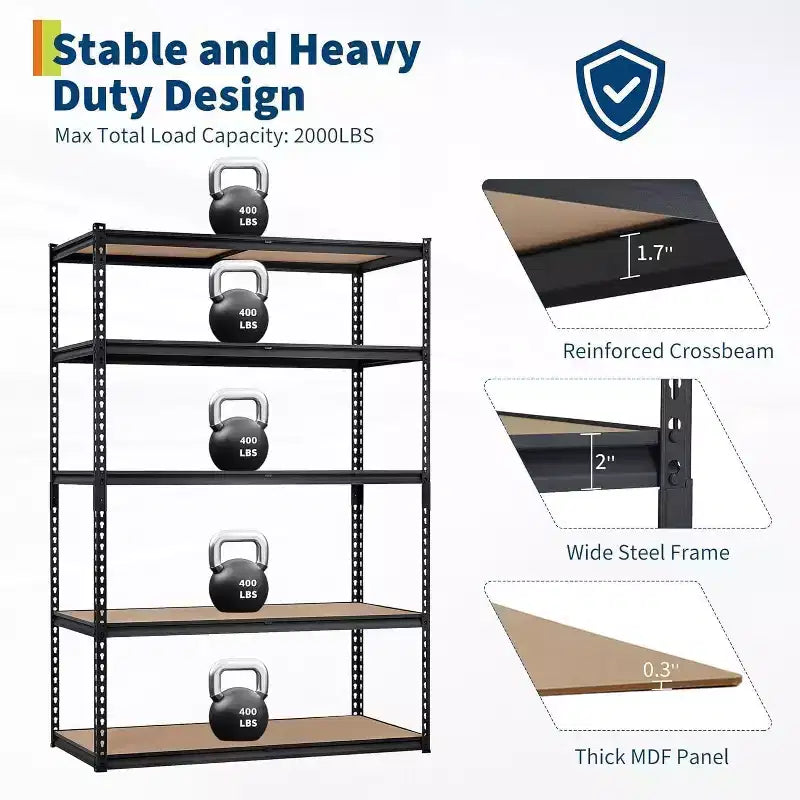 Étagère de Rangement de Garage Robuste Unité de Stockage à 5 Niveaux Réglable en Métal Capacité de 900 à 1130 kg Organisateur Autoportant pour Sous-sol