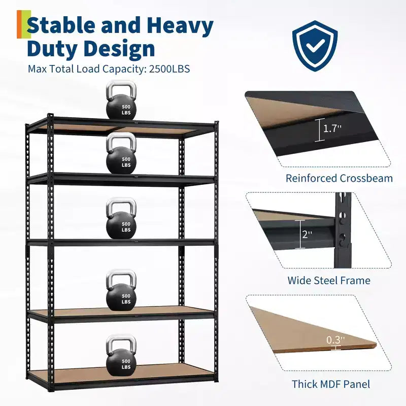 Étagère de Rangement de Garage Robuste Unité de Stockage à 5 Niveaux Réglable en Métal Capacité de 900 à 1130 kg Organisateur Autoportant pour Sous-sol
