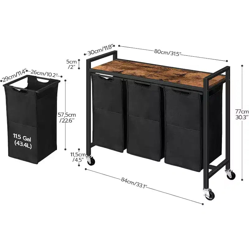 ALUCSET Trieur à Linge 3 Sections, Panier à Linge sur Roues, 3 x 43,5 L, Chariot à Linge Roulant, Sacs à Linge Amovibles et Coulissants en Tissu Oxford