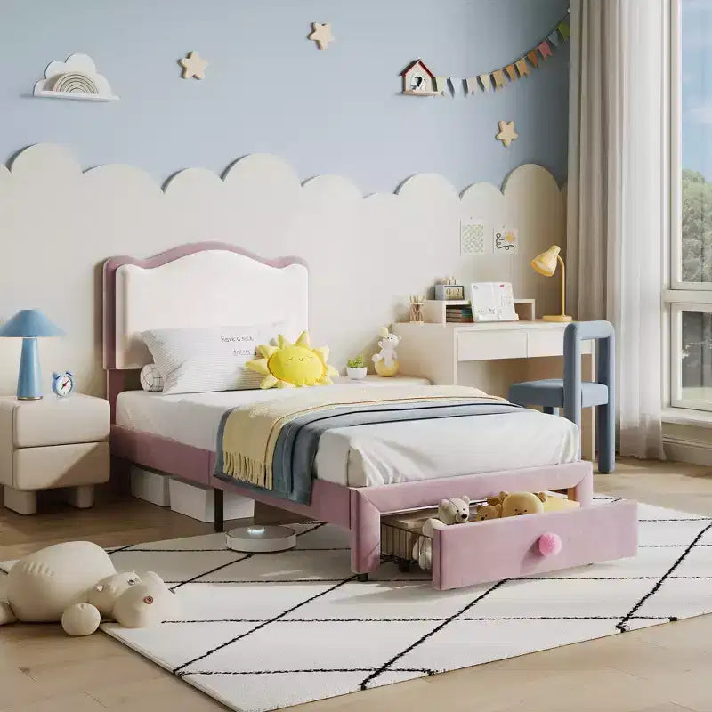 Lit Enfant Style Princesse - Cadre de Lit Simple capitonné avec tête de lit festonnée et tiroir de rangement - Lattes en bois robustes, sans bruit, assemblage facile