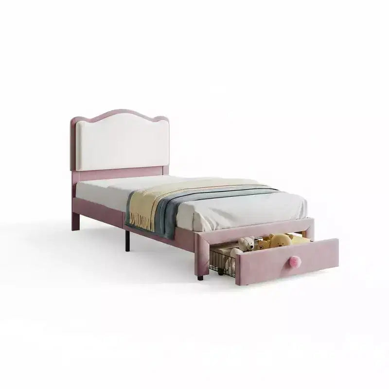 Lit Enfant Style Princesse - Cadre de Lit Simple capitonné avec tête de lit festonnée et tiroir de rangement - Lattes en bois robustes, sans bruit, assemblage facile