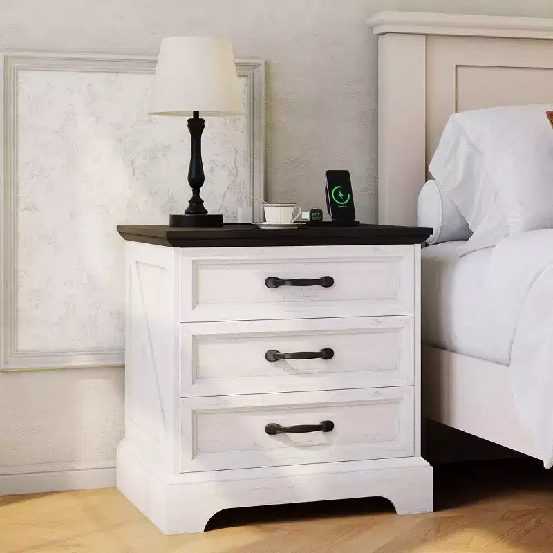 Farmhouse Nightstands w/ Charging Station, Modern Wood Bedside Table w/ 3 Large Storage Drawers, End Table for Bedroom & Living Room
