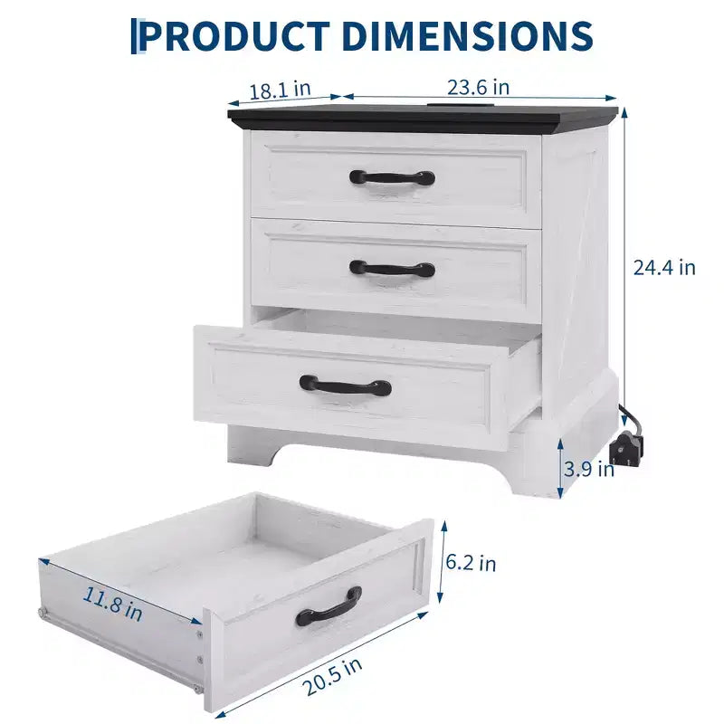 Tables de chevet de ferme avec station de recharge, table de chevet moderne en bois avec 3 grands tiroirs de rangement, table d'appoint pour chambre et salon