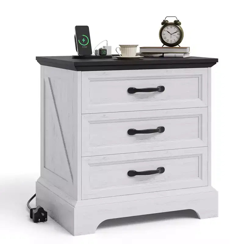 Tables de chevet de ferme avec station de recharge, table de chevet moderne en bois avec 3 grands tiroirs de rangement, table d'appoint pour chambre et salon