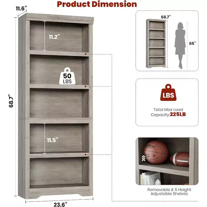 GustoWave, étagère ouverte avec tablettes ajustables, meuble de rangement style rustique de 60 cm de large