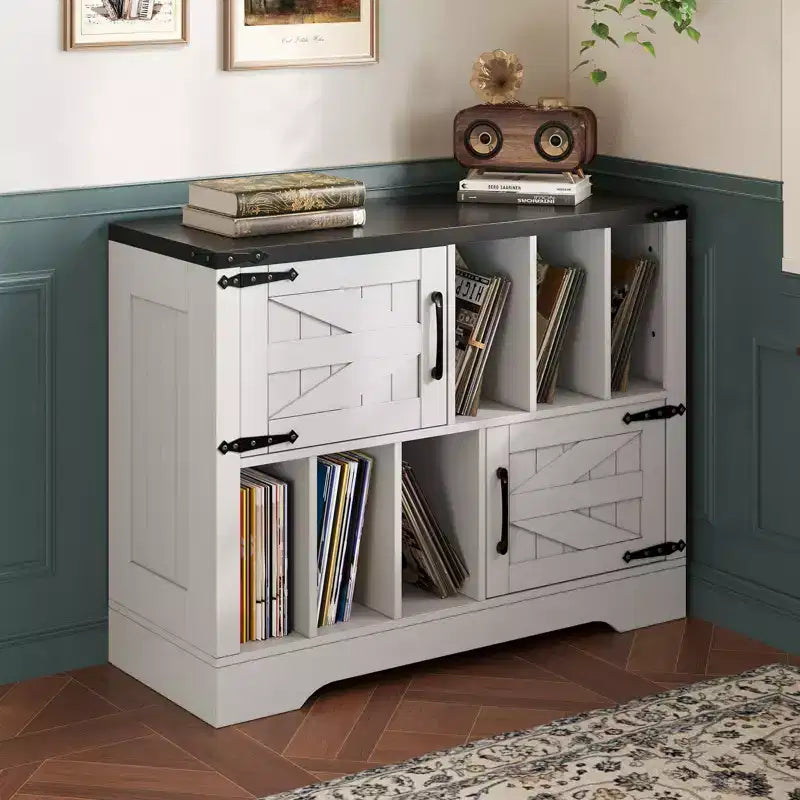 Grand meuble de rangement pour vinyles, peut contenir plus de 450 albums, meuble pour platine vinyle en bois de style ferme de 99 cm avec portes coulissantes, console multimédia pour platine vinyle pour le salon.