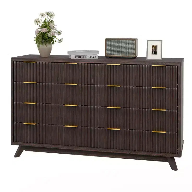 Commode 8 tiroirs cannelée pour chambre à coucher, commode moderne de 54 po de large - Meuble de rangement en bois pour la maison