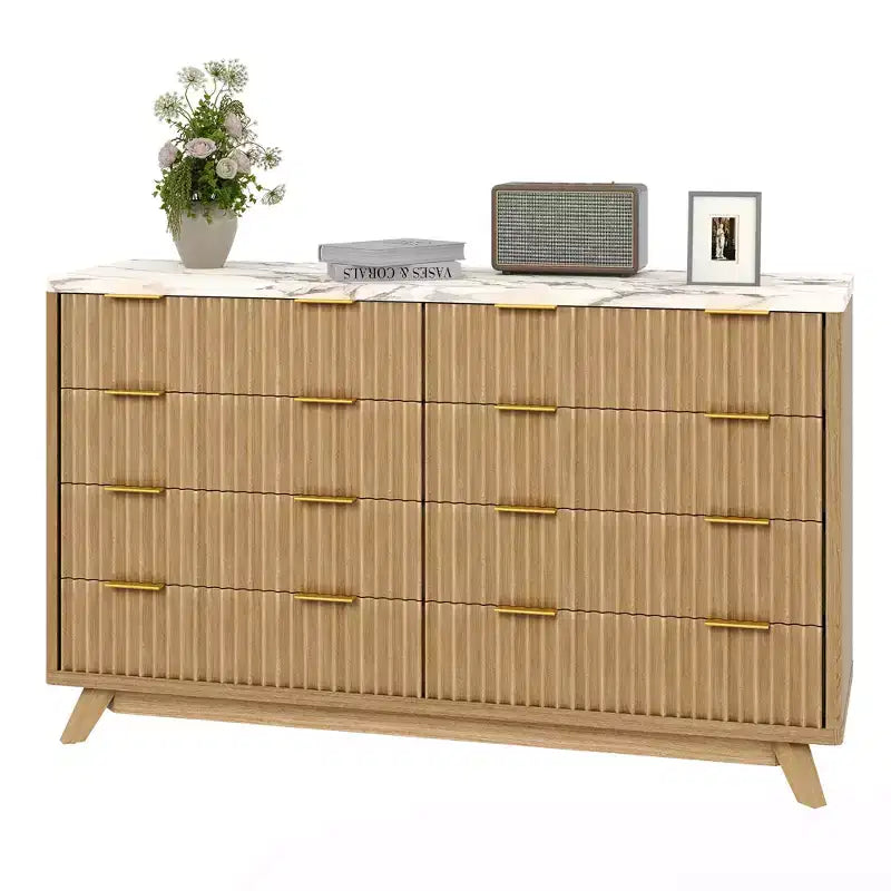 Commode 8 tiroirs cannelée pour chambre à coucher, commode moderne de 54 po de large - Meuble de rangement en bois pour la maison
