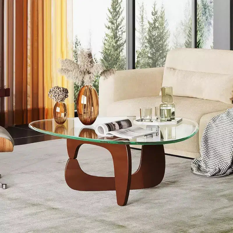 DEXYLLO Table Basse, Petite Table Basse en Verre avec Pieds en Bois Massif, 36 Tables de Salon Triangulaires Mid-Century