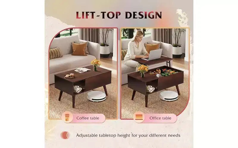 Table basse DEXYLLO pour salon, petite table basse avec rangement, table basse relevable moderne en bois avec étagère de rangement