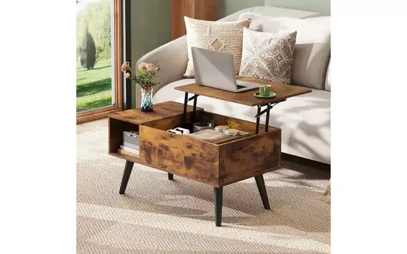 Table basse DEXYLLO pour salon, petite table basse avec rangement, table basse relevable moderne en bois avec étagère de rangement