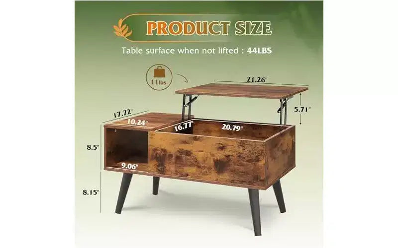 Table basse DEXYLLO pour salon, petite table basse avec rangement, table basse relevable moderne en bois avec étagère de rangement