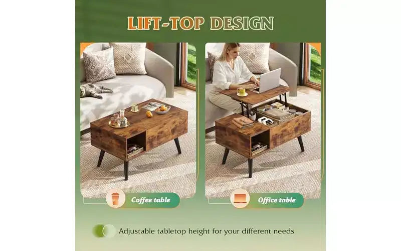 Table basse DEXYLLO pour salon, petite table basse avec rangement, table basse relevable moderne en bois avec étagère de rangement