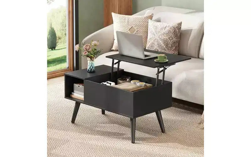 Table basse DEXYLLO pour salon, petite table basse avec rangement, table basse relevable moderne en bois avec étagère de rangement