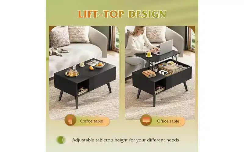 Table basse DEXYLLO pour salon, petite table basse avec rangement, table basse relevable moderne en bois avec étagère de rangement