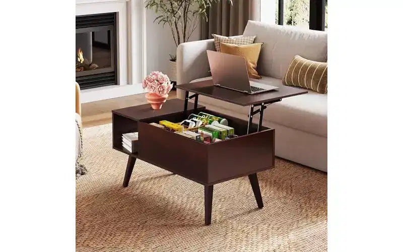 Table basse DEXYLLO pour salon, petite table basse avec rangement, table basse relevable moderne en bois avec étagère de rangement