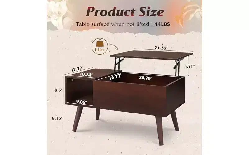 Table basse DEXYLLO pour salon, petite table basse avec rangement, table basse relevable moderne en bois avec étagère de rangement