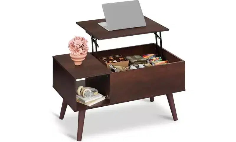 Table basse DEXYLLO pour salon, petite table basse avec rangement, table basse relevable moderne en bois avec étagère de rangement
