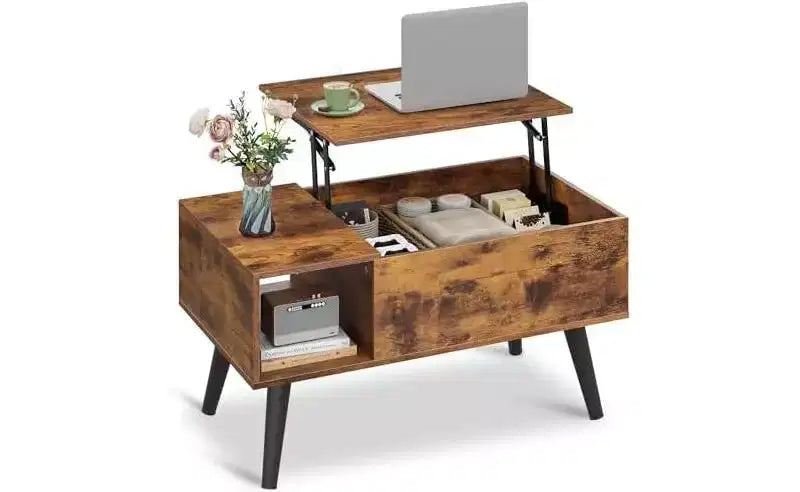 Table basse DEXYLLO pour salon, petite table basse avec rangement, table basse relevable moderne en bois avec étagère de rangement