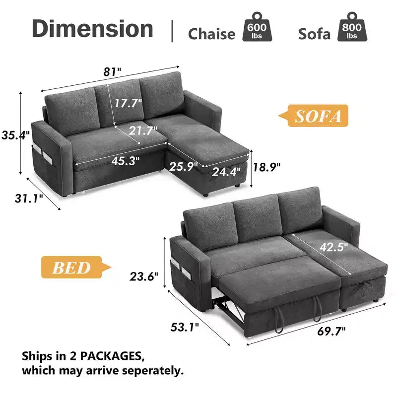 Canapé-lit sectionnel 2 en 1 Dyonery avec méridienne de rangement réversible 81", en forme de L avec poches latérales, assemblage sans outils