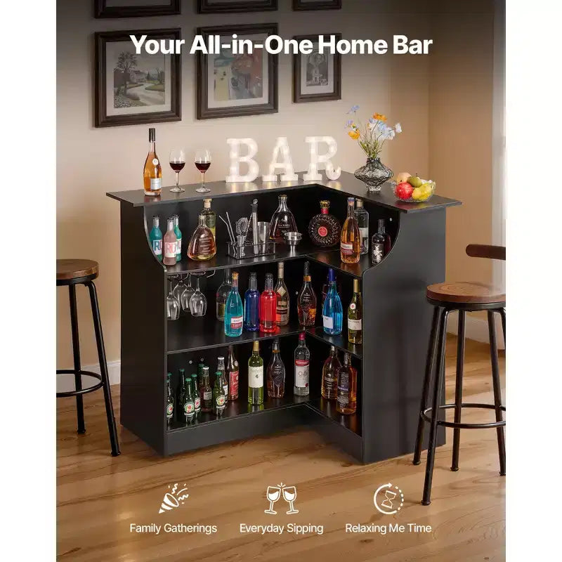 Meuble de bar d'intérieur VEVOR, bar à vin en forme de L à 4 niveaux avec étagères de rangement, porte-verres à vin, capacité maximale de 136 kg, armoire à liqueur en bois, noir