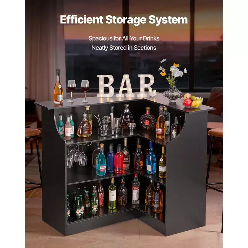 Meuble de bar d'intérieur VEVOR, bar à vin en forme de L à 4 niveaux avec étagères de rangement, porte-verres à vin, capacité maximale de 136 kg, armoire à liqueur en bois, noir
