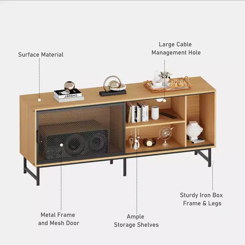 Meuble TV Industriel Moderne pour Téléviseur 65 Pouces - Meuble de Divertissement 63" en Bois et Métal avec Portes Coulissantes en Maille et Pieds Métalliques Robustes
