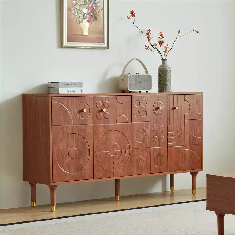 JVNOXK 59-inch Retro Art Entertainment Media Cabinet, Walnut with Geometric Carved Doors (Fits 65 TVs)