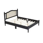 FAMYYT Lit plateforme queen size en bois avec tête de lit en rotin naturel et support à lattes en bois, assemblage facile