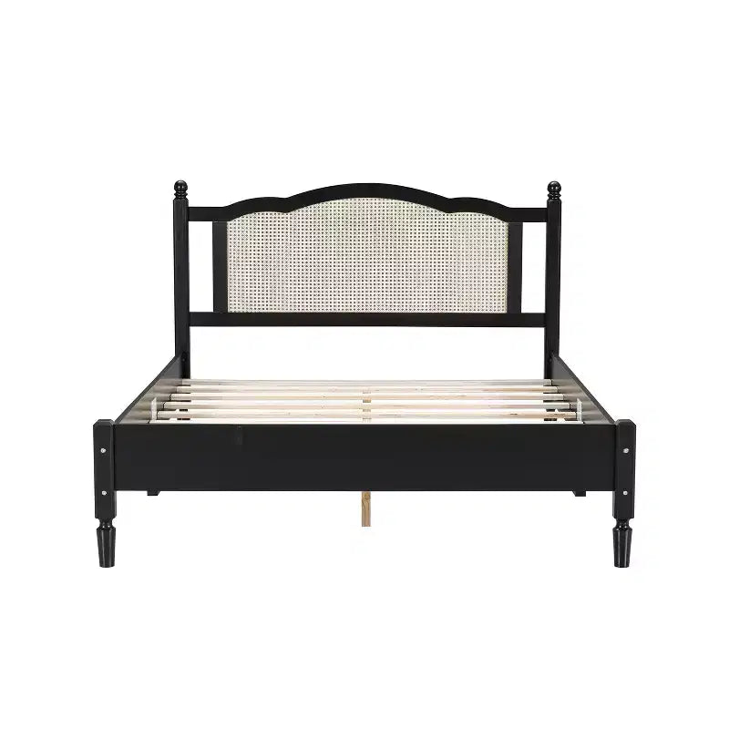 FAMYYT Lit plateforme queen size en bois avec tête de lit en rotin naturel et support à lattes en bois, assemblage facile