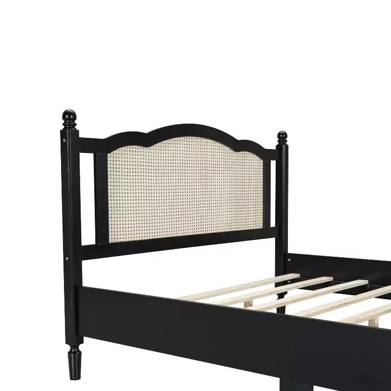 FAMYYT Lit plateforme queen size en bois avec tête de lit en rotin naturel et support à lattes en bois, assemblage facile