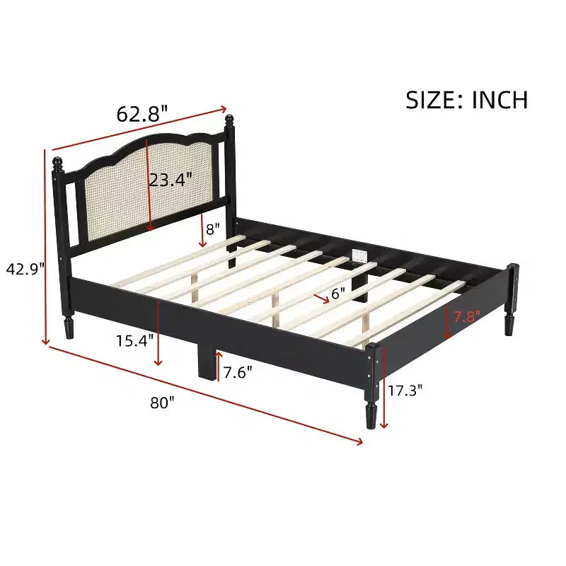 FAMYYT Lit plateforme queen size en bois avec tête de lit en rotin naturel et support à lattes en bois, assemblage facile